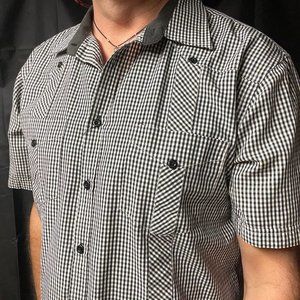 Mens Cuban Guayabera Shirt Size Large Gingham Navy